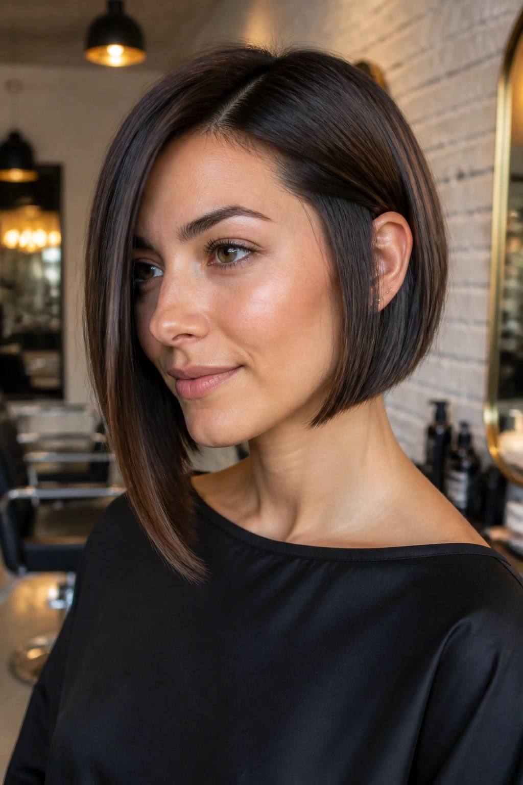 Real woman with an asymmetrical bob, close-up portrait showing the angled length.