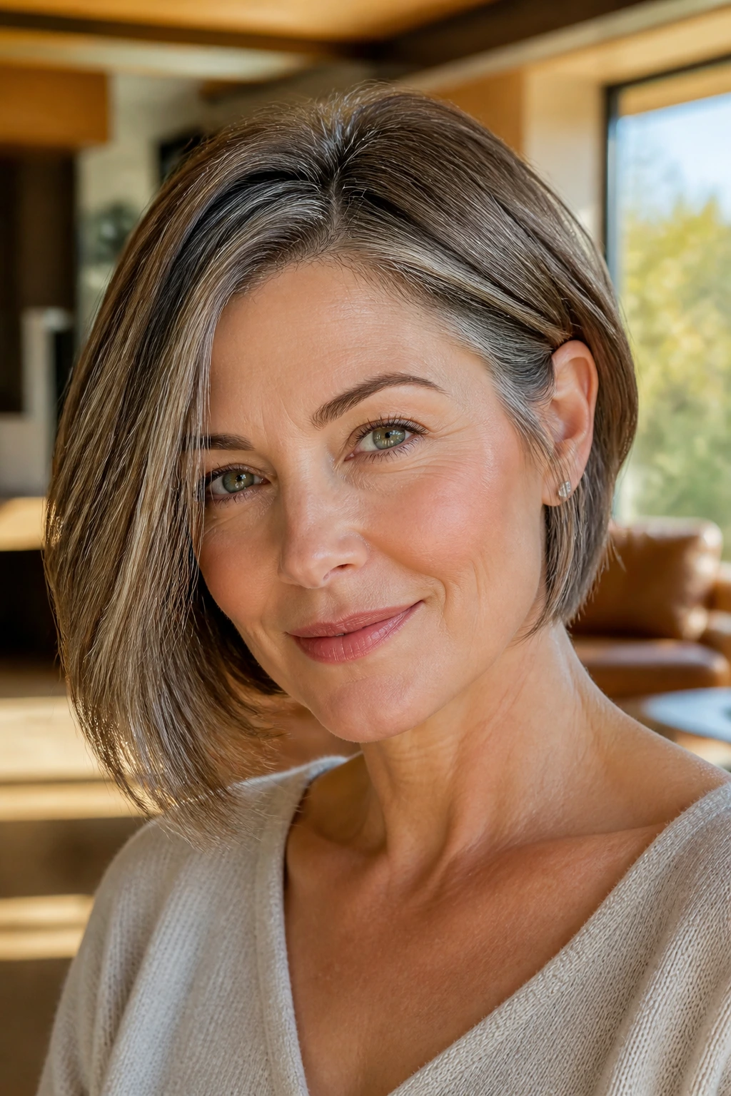 Close-up portrait of a real woman with an asymmetrical chin-length bob and side variation in natural light