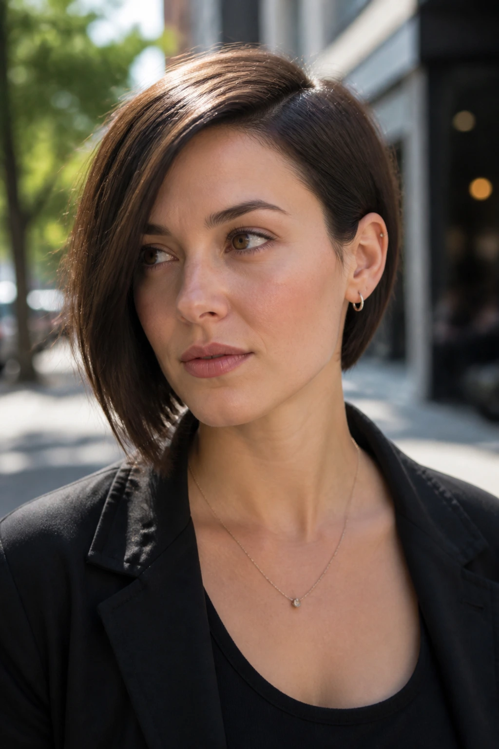 Portrait of a woman with an asymmetrical bob showing one longer side.