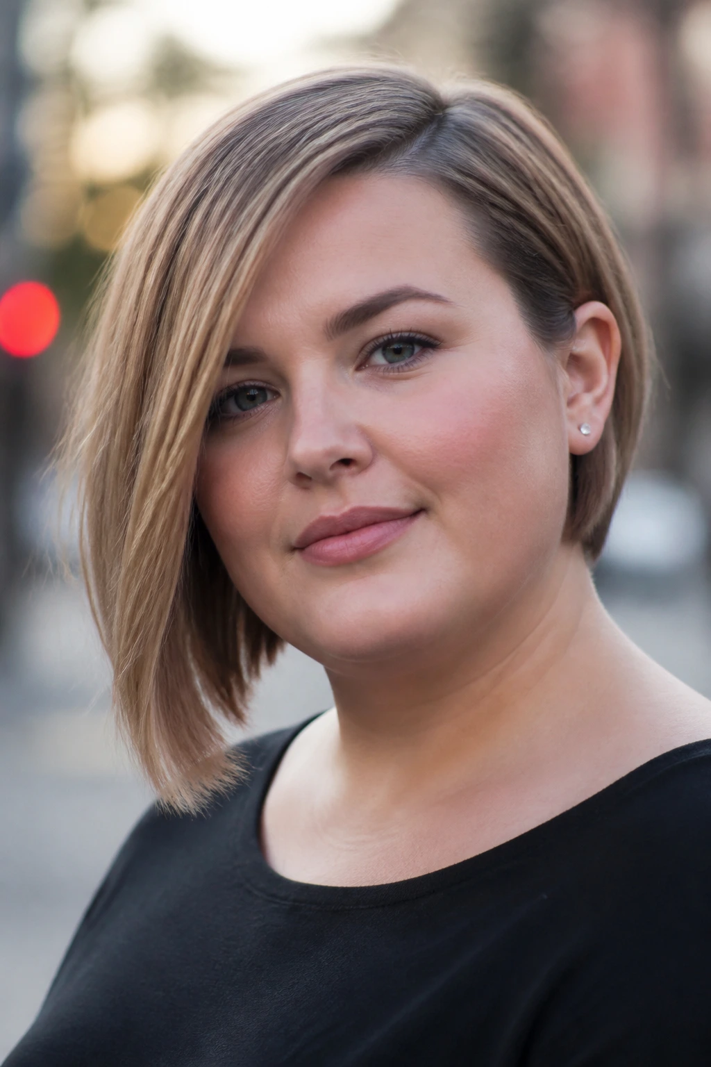 Close-up portrait of a real person with an asymmetrical bob outdoors