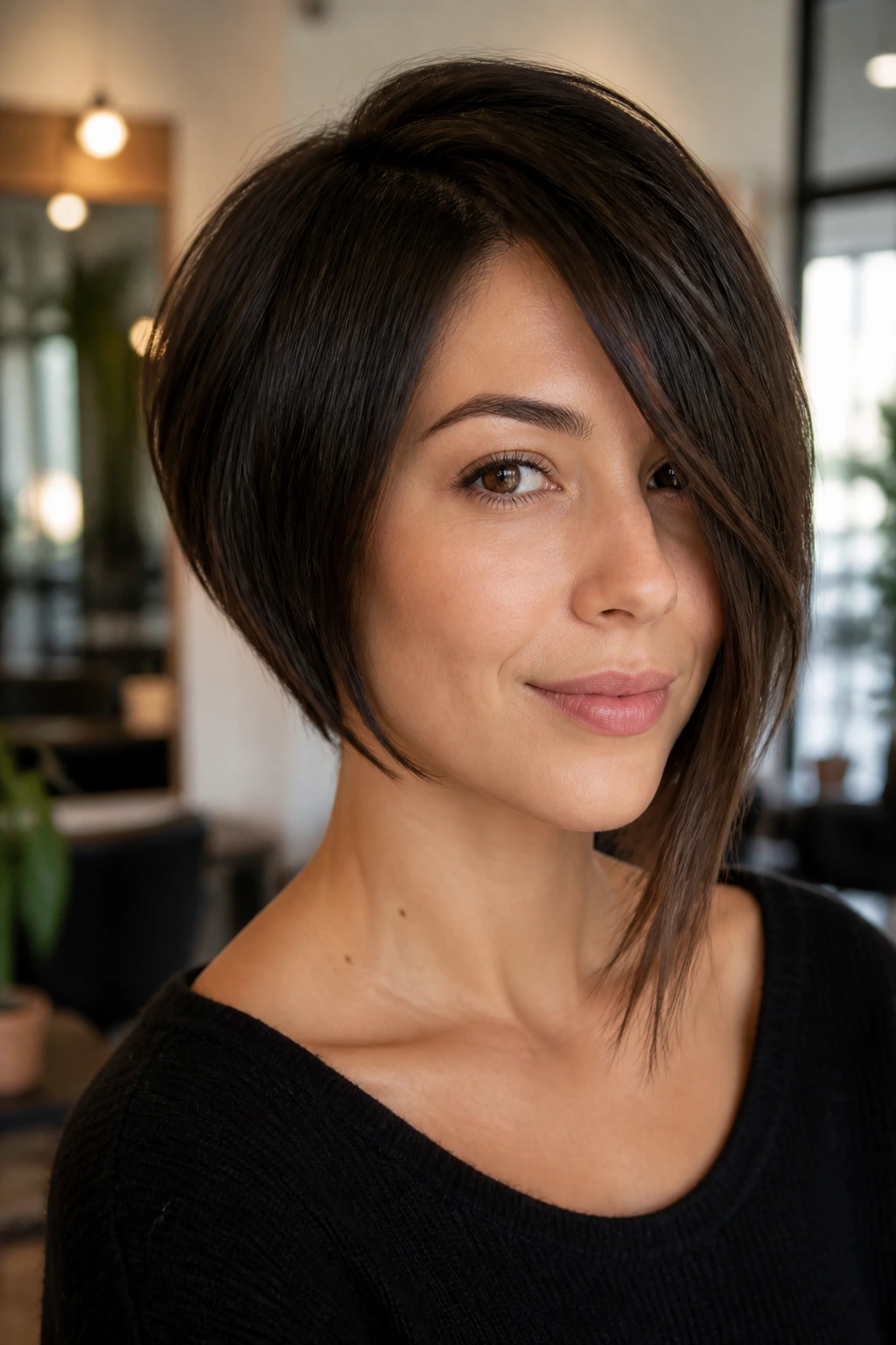 Close-up portrait of a real woman with an asymmetrical bob showing subtle length difference between sides
