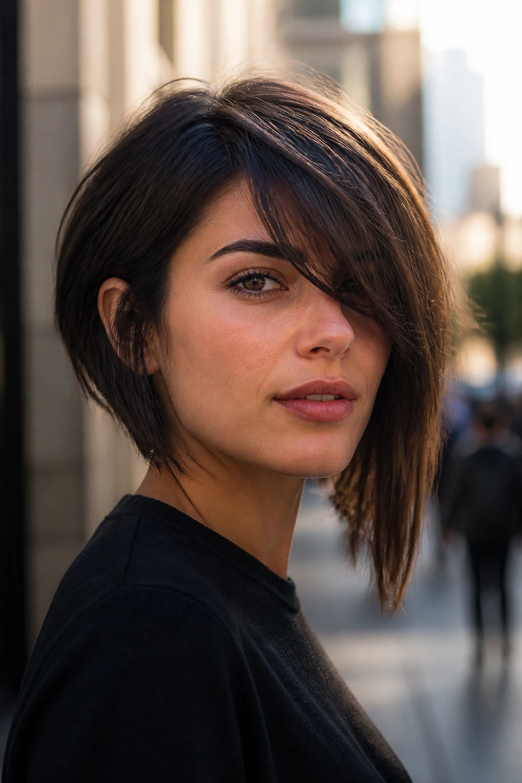 Real woman with asymmetrical bob and long fringe on a city street.