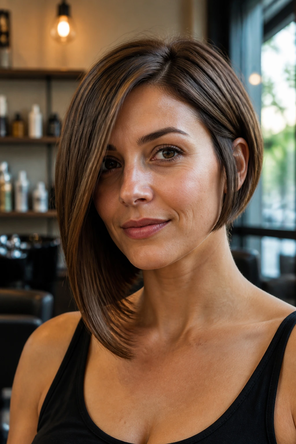 Close-up portrait of a real woman with an asymmetrical bob highlighting the longer side near the collarbone