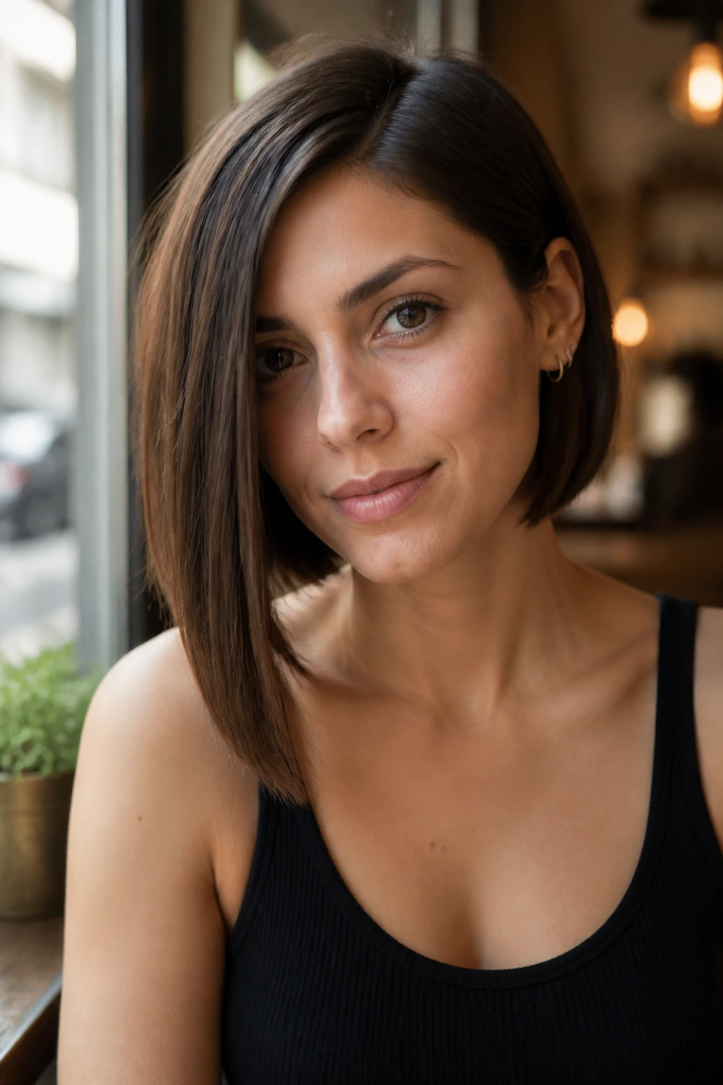 Portrait of a woman with an asymmetrical bob in natural morning light