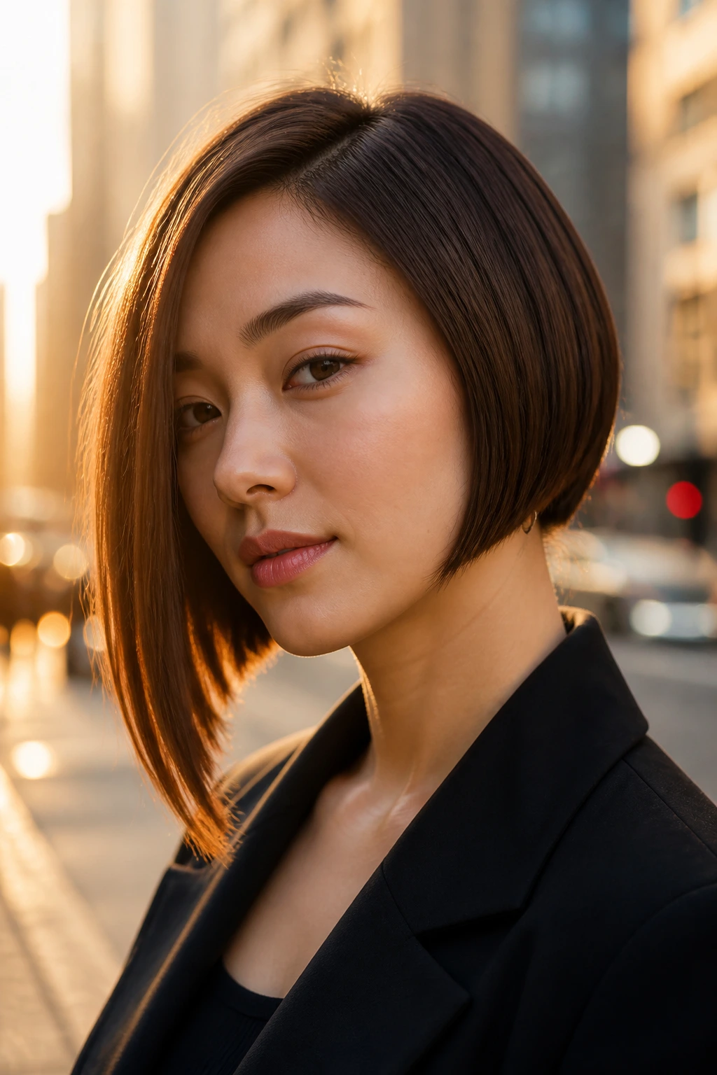 Portrait of a real woman with an asymmetrical bob length difference on one side
