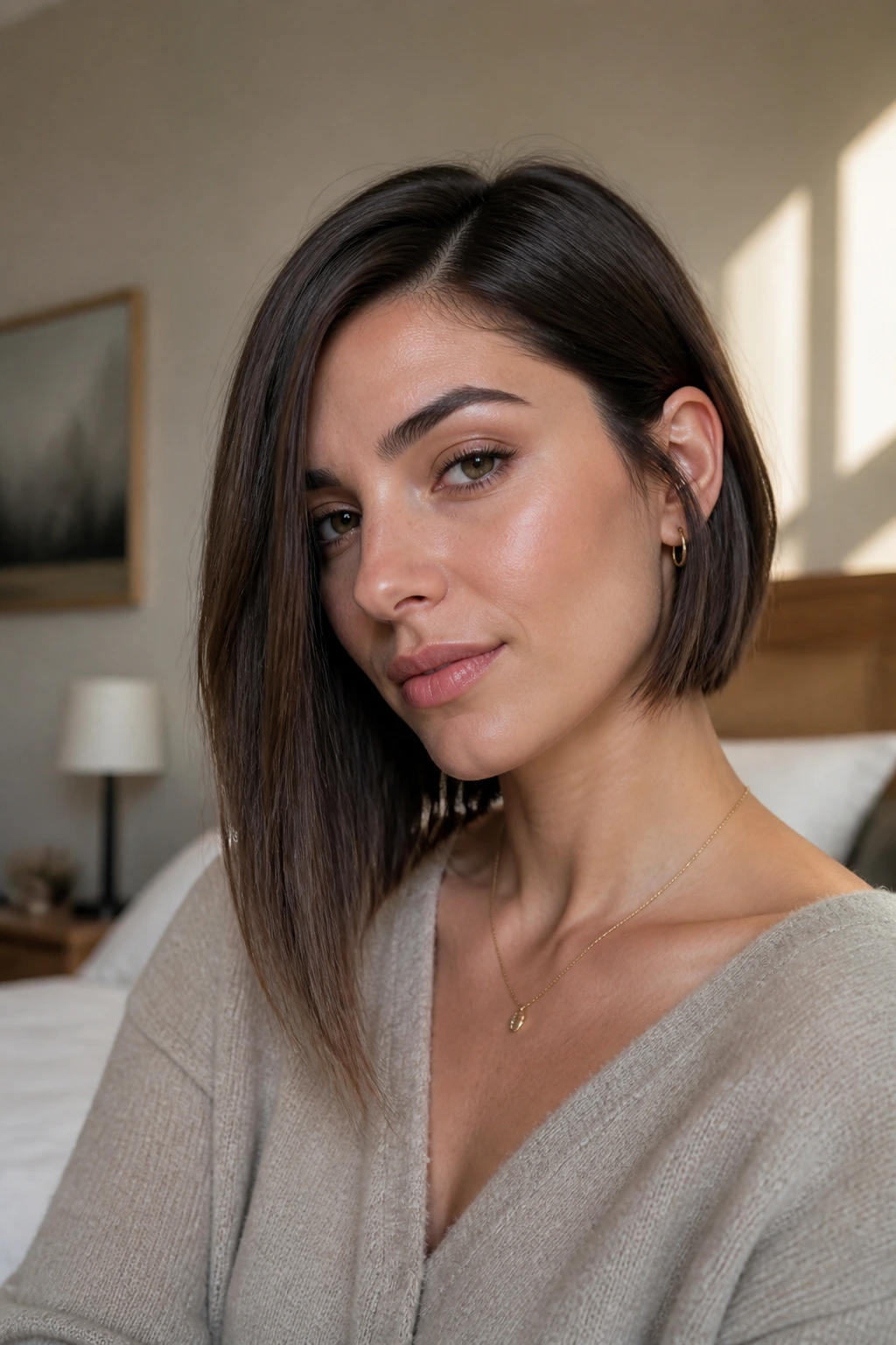 Close-up portrait of a real woman with an asymmetrical bob showing the longer side at the collarbone and shorter side at the jaw in soft window light.