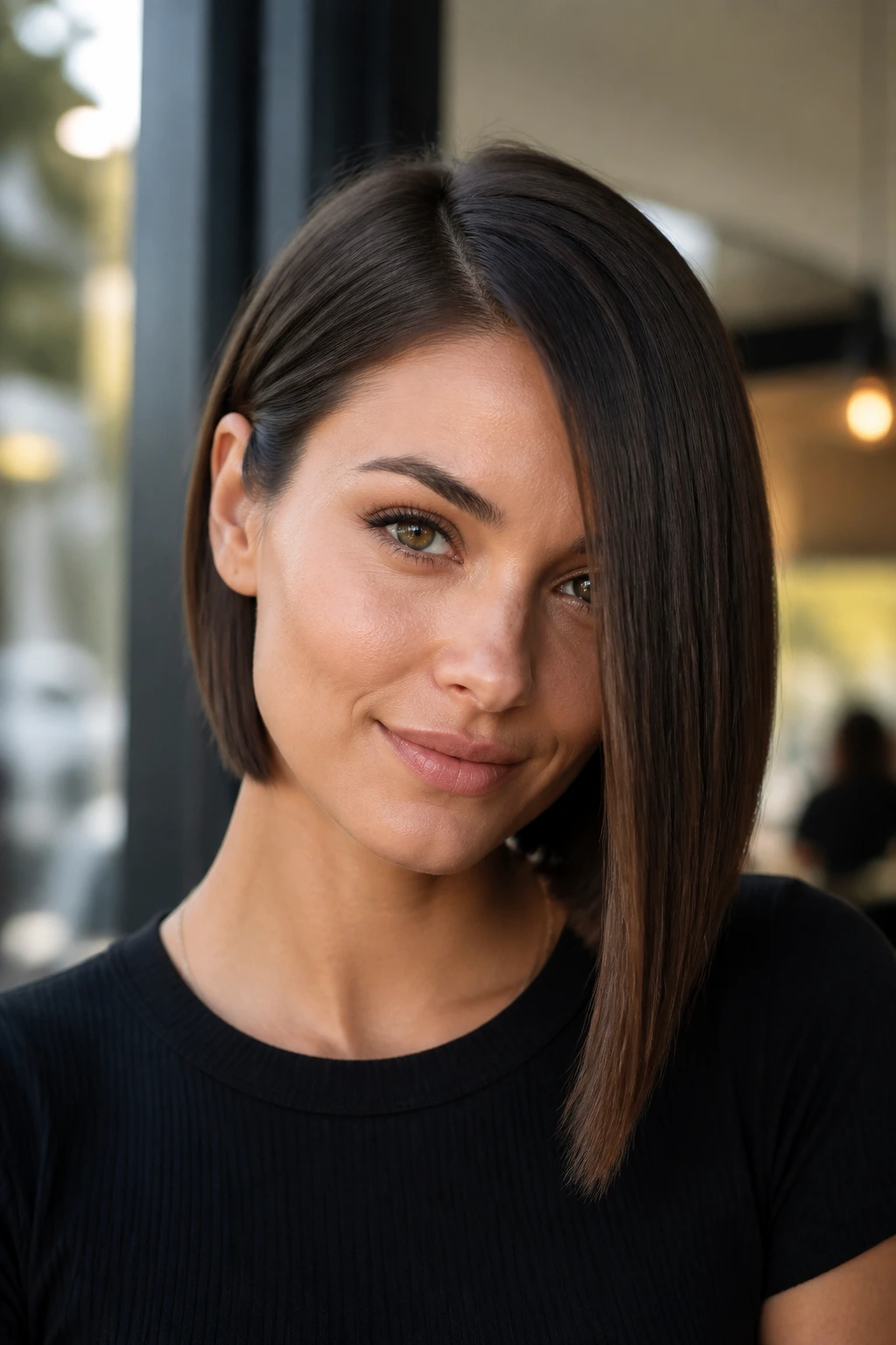 Close-up portrait of a real person with an asymmetrical bob showing one longer side