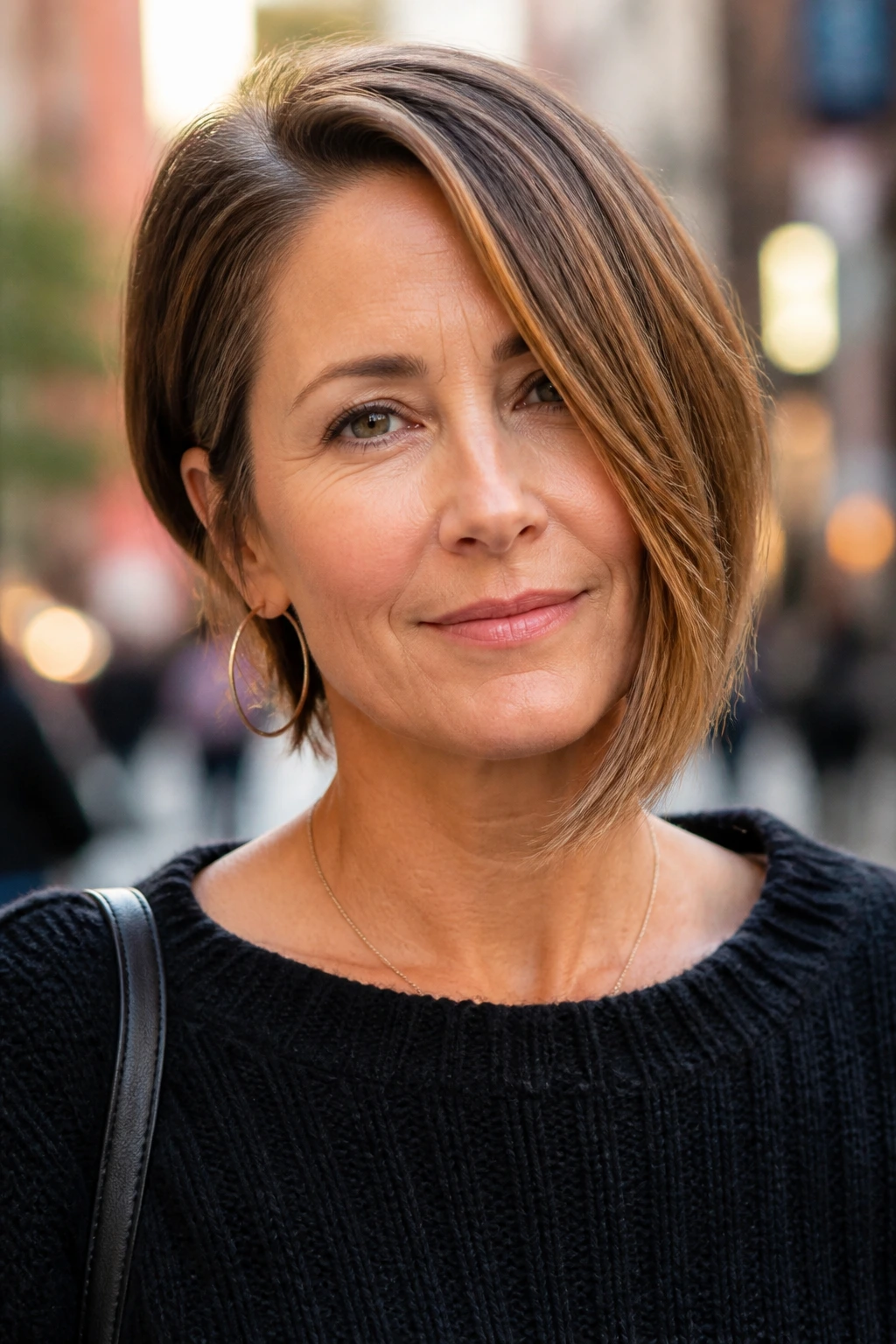 Close-up portrait of a real woman with an asymmetrical bob showing diagonal line.