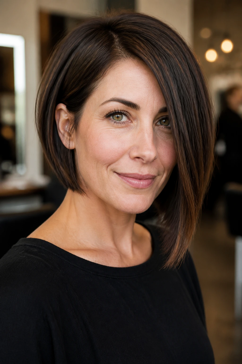 Close-up portrait of a real woman with a subtle asymmetrical bob illustrating balance on real hair.
