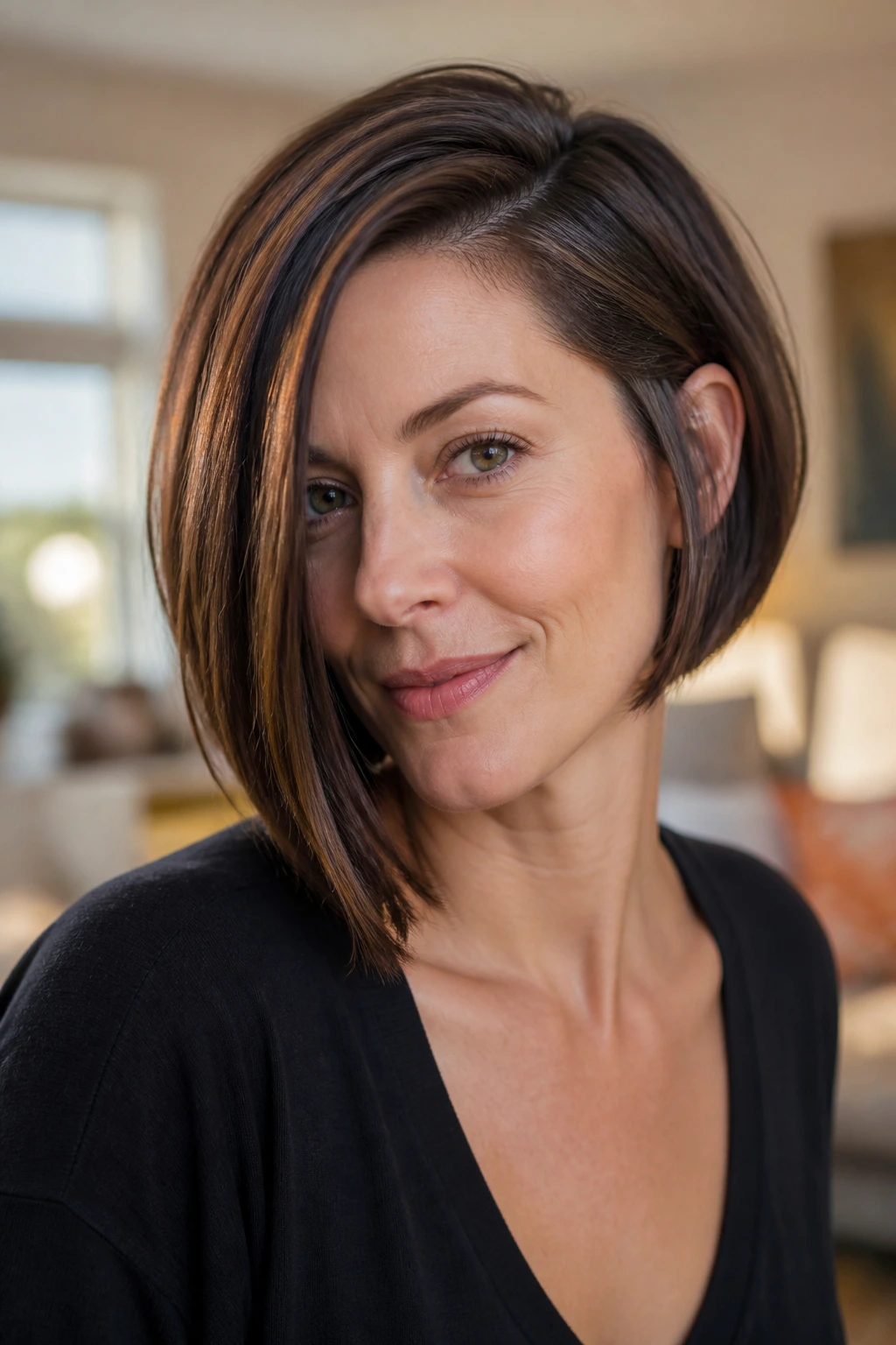 Close-up portrait of a real woman with an asymmetrical bob hairstyle featuring one side longer than the other.