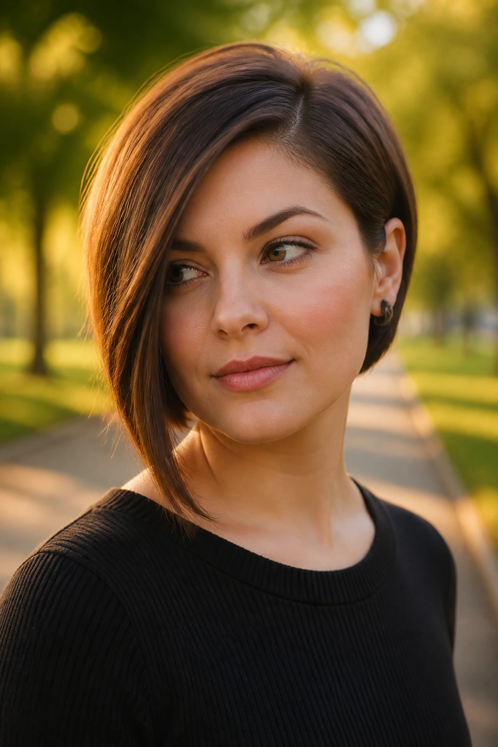 Close-up of a real woman with an asymmetrical bob suited for round faces in a park