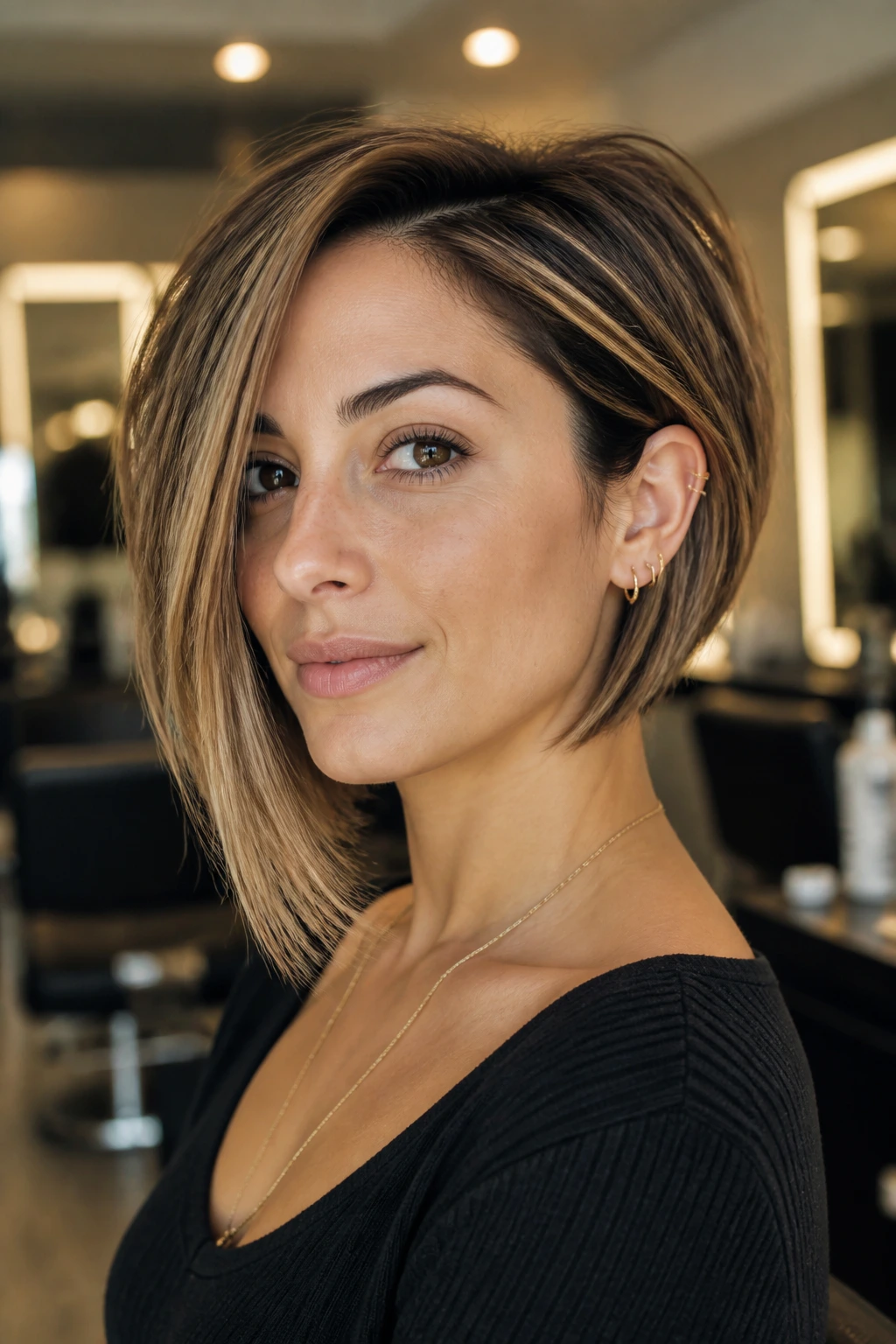 Real woman with asymmetrical bob in a chic salon, diagonal line clearly visible