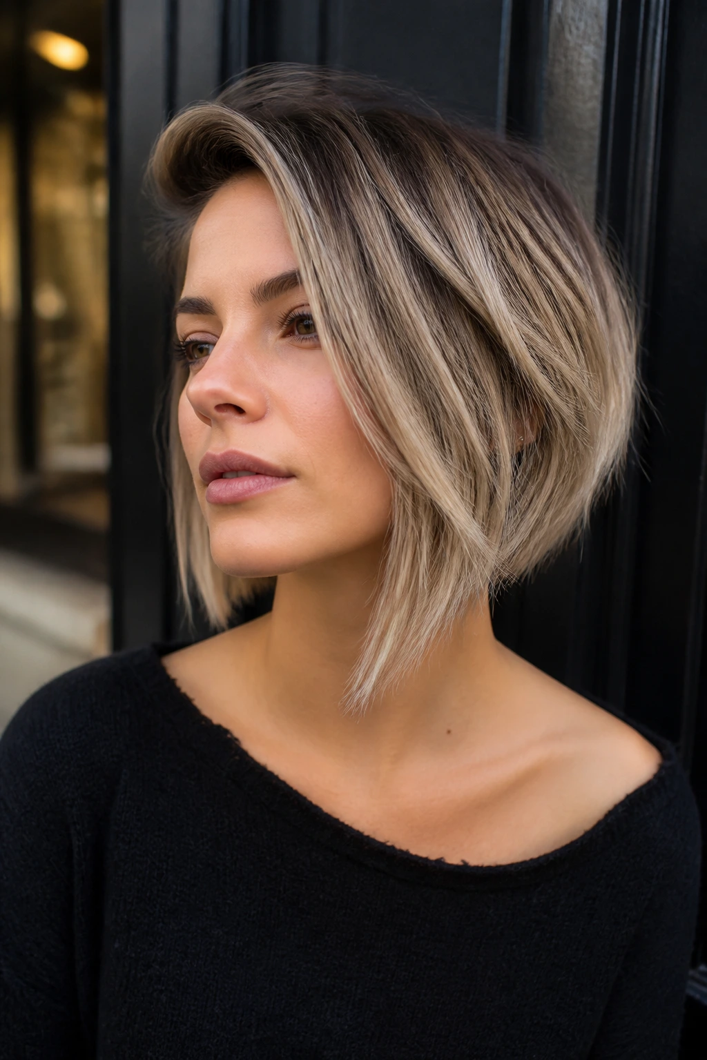 Close-up portrait of a real person with asymmetrical bob and sandy beige balayage
