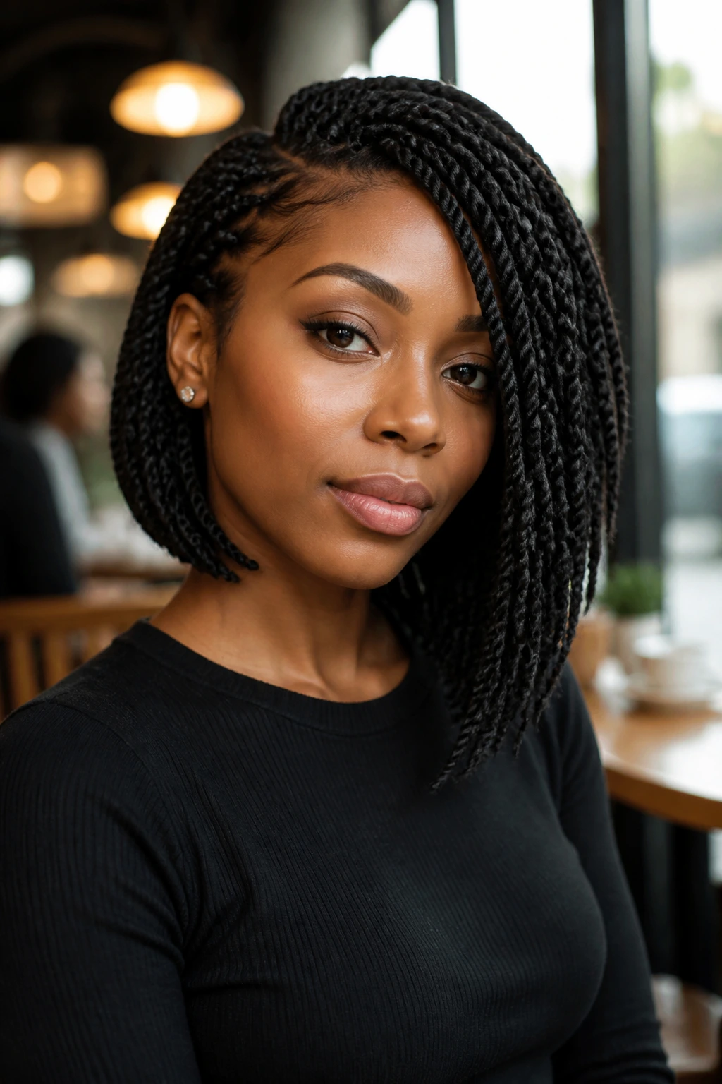 Close-up of a real person with an asymmetrical bob of Senegalese twists