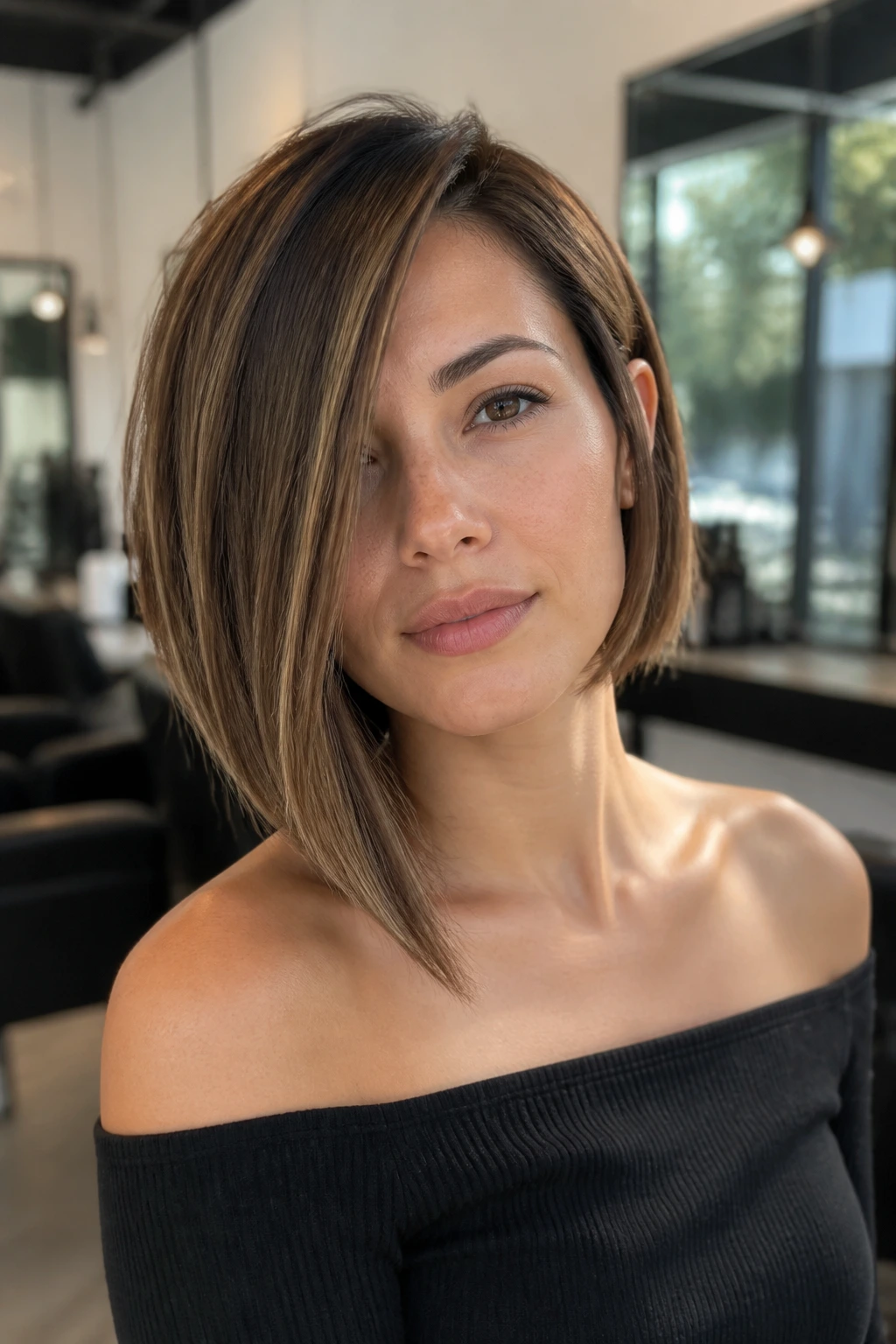 Close-up of a real woman with an asymmetrical bob showing collarbone-length and jaw-length sides.