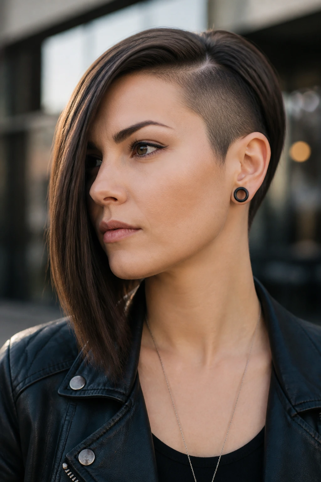 Portrait of a woman with asymmetrical bob and shaved side