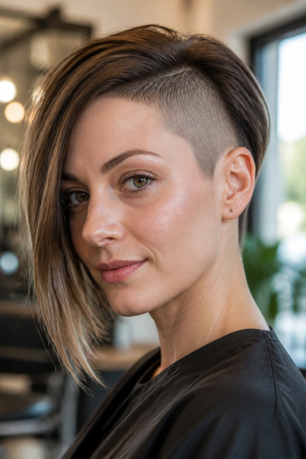 Portrait of a real woman with an asymmetrical bob and shaved side