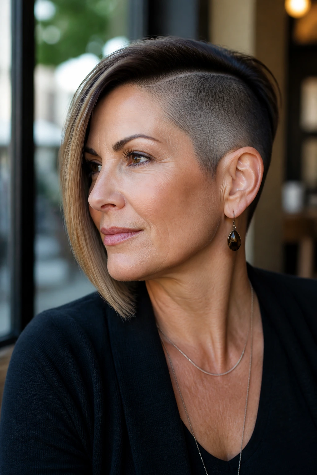 Three-quarter portrait of a woman with an asymmetrical bob and shaved side