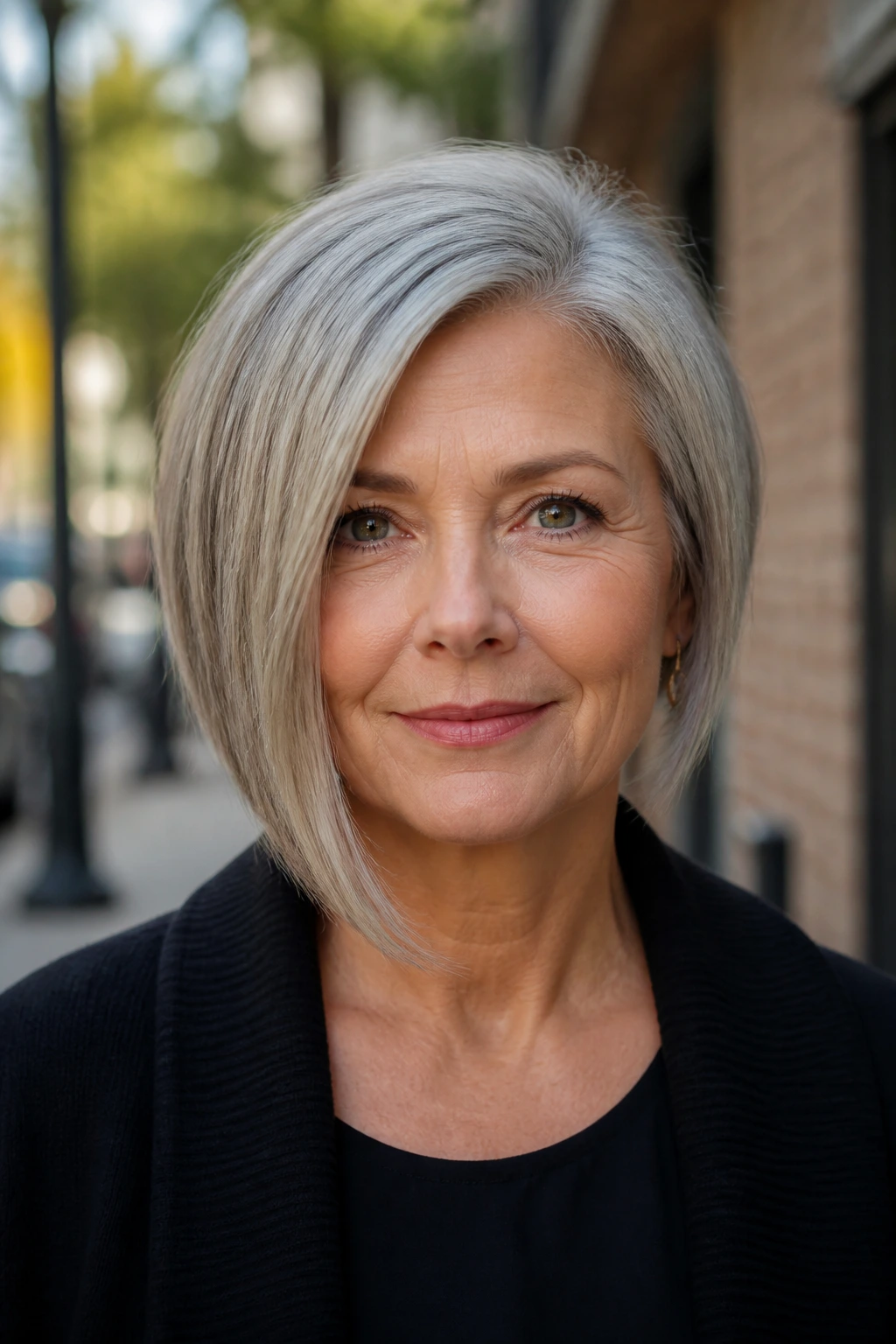 Close-up of a real woman with an asymmetrical bob hairstyle