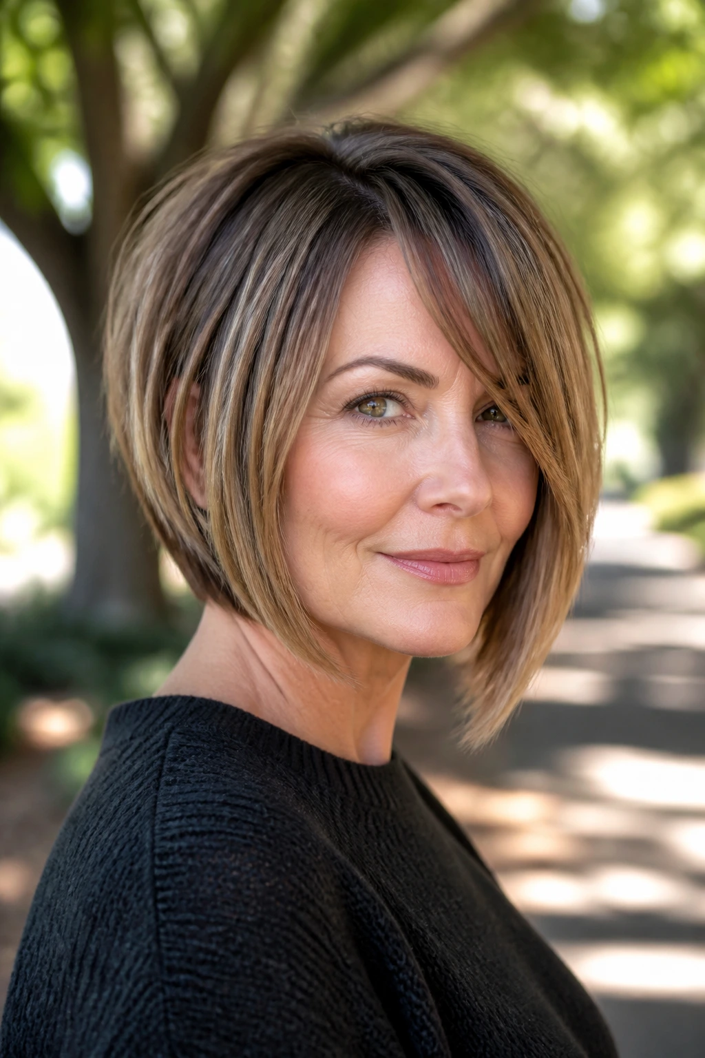 Portrait of asymmetrical bob with side drift fringe on a real woman outdoors.