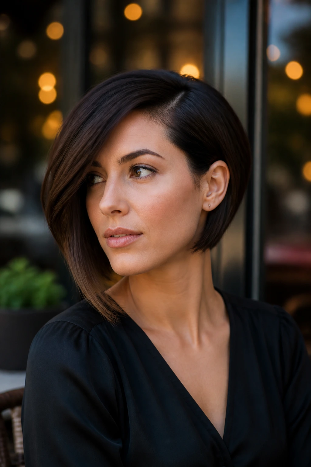 Close-up of a real woman with an asymmetrical bob and deep side part outdoors