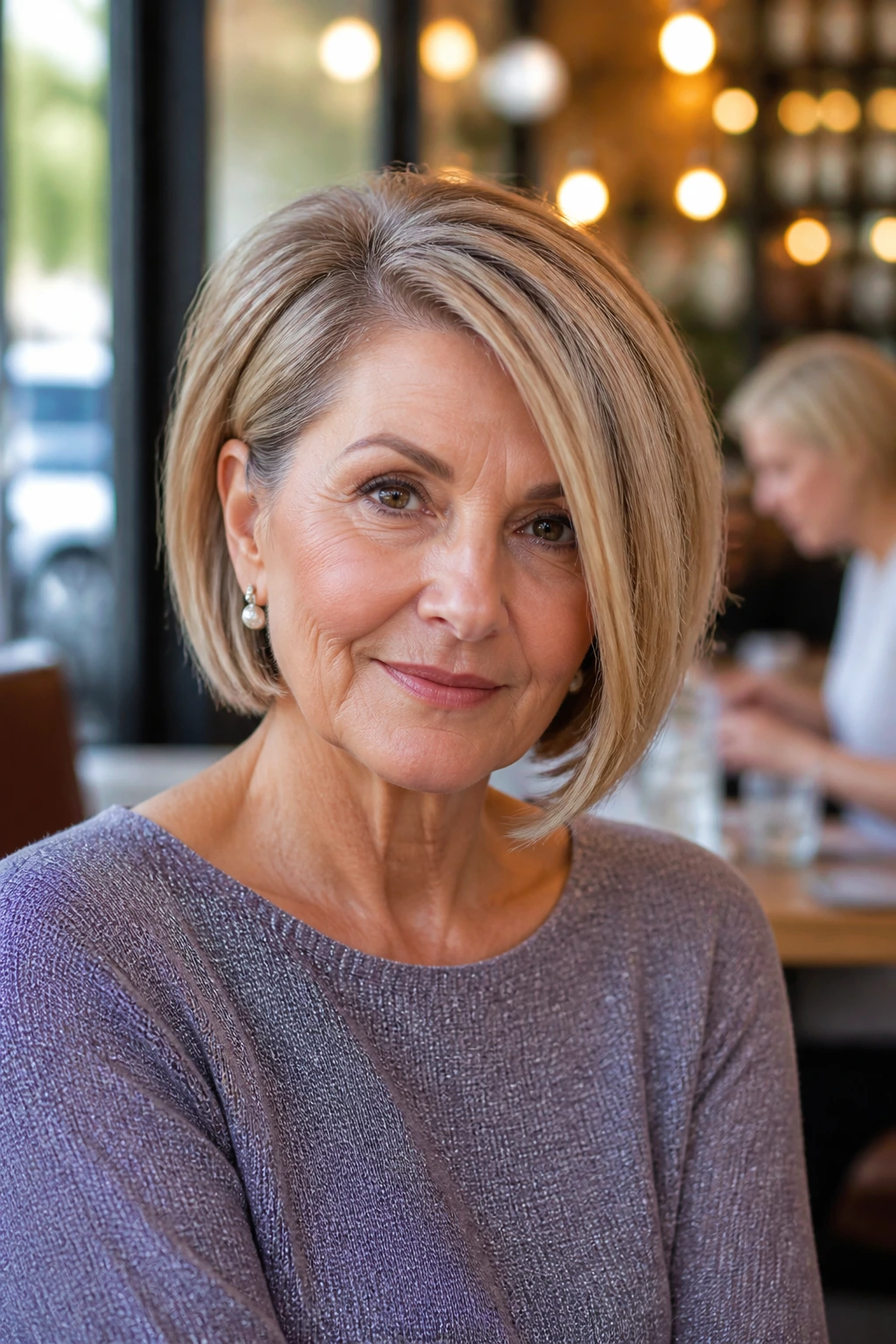 Close-up portrait of a real woman with an asymmetrical bob and side part