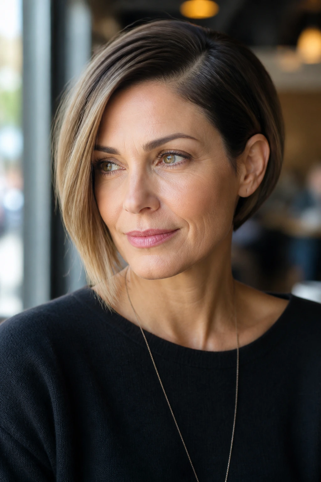 Close-up of a woman with an asymmetrical bob and side part in natural daylight