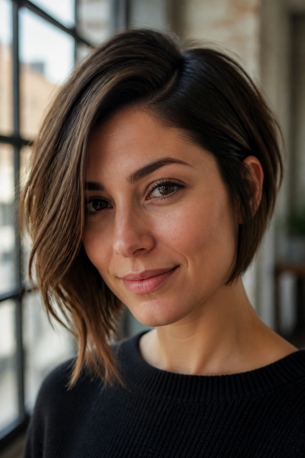 Portrait of a woman with an asymmetrical bob and deep side part