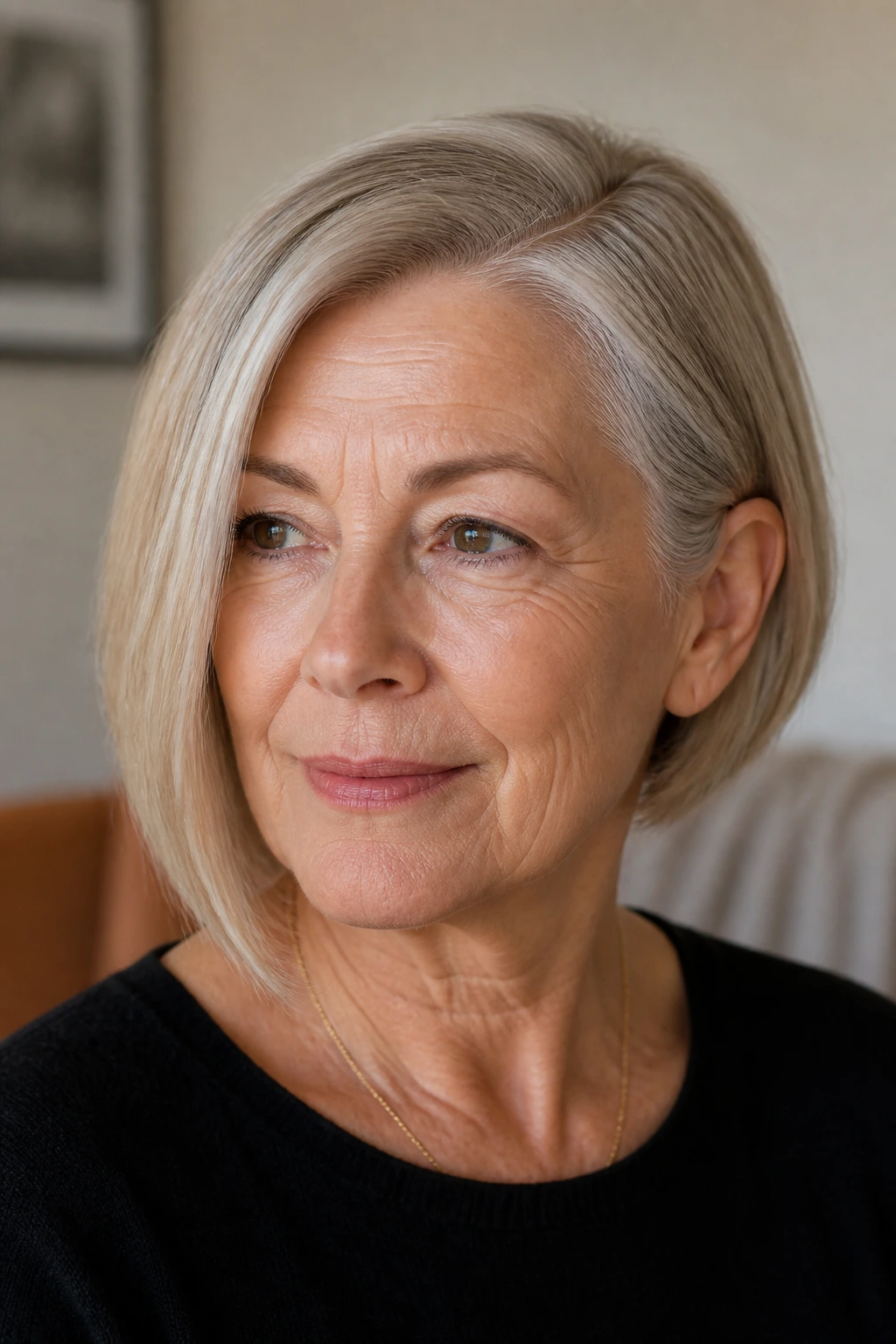 Close-up of real woman with asymmetrical bob and clean side part