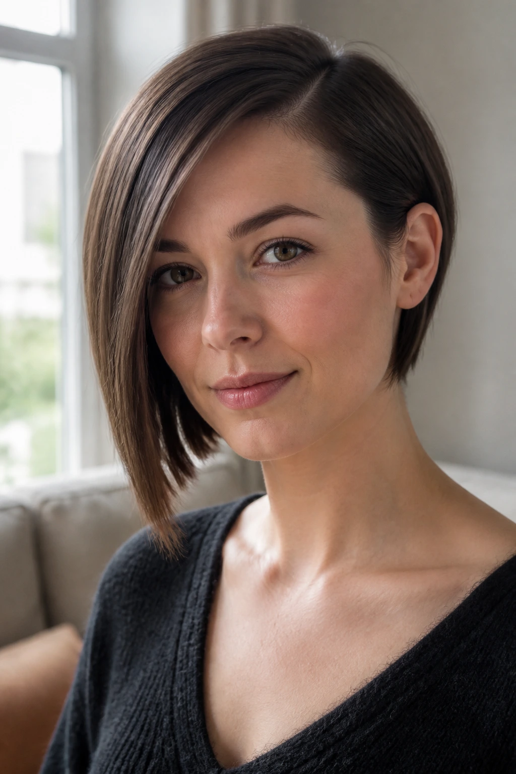 Real woman with an asymmetrical bob, longer side and shorter side, deep side part.