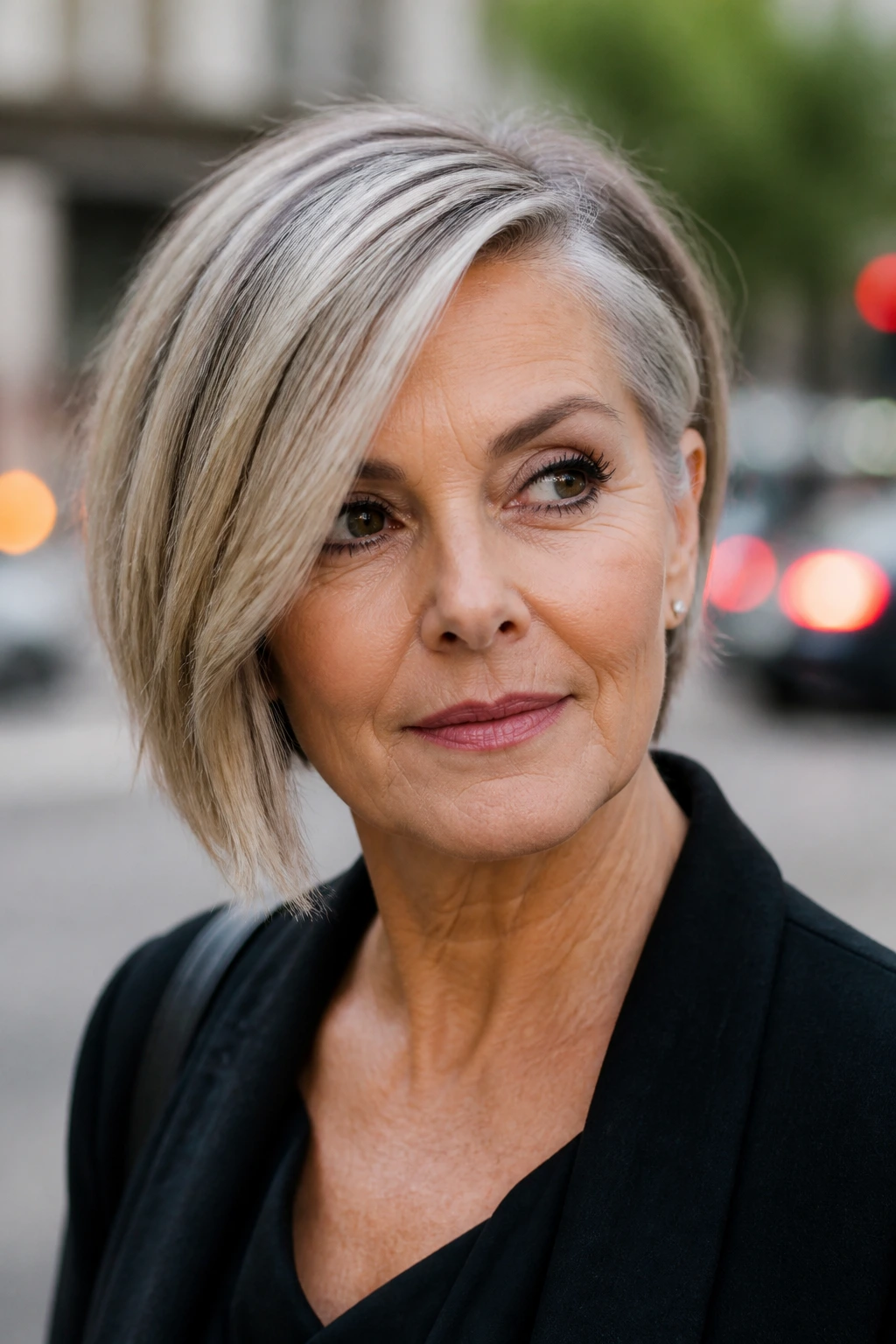 Close-up of a real woman with an asymmetrical bob and a deep side part on a city street