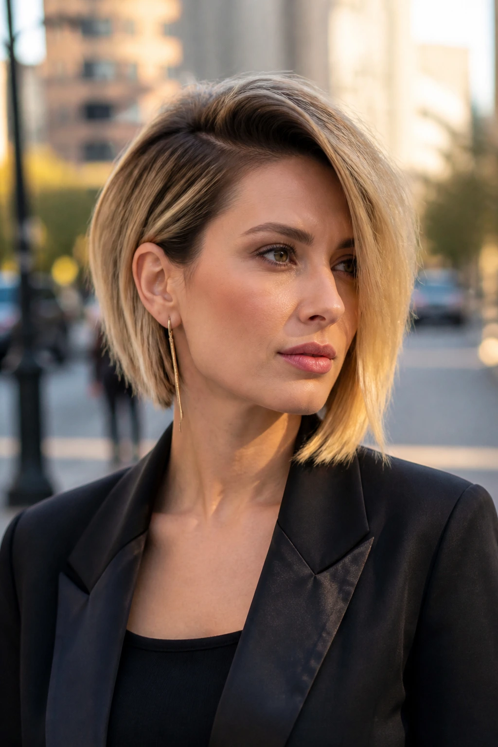 Three-quarter profile of a real woman with side-parted asymmetrical bob on urban street.