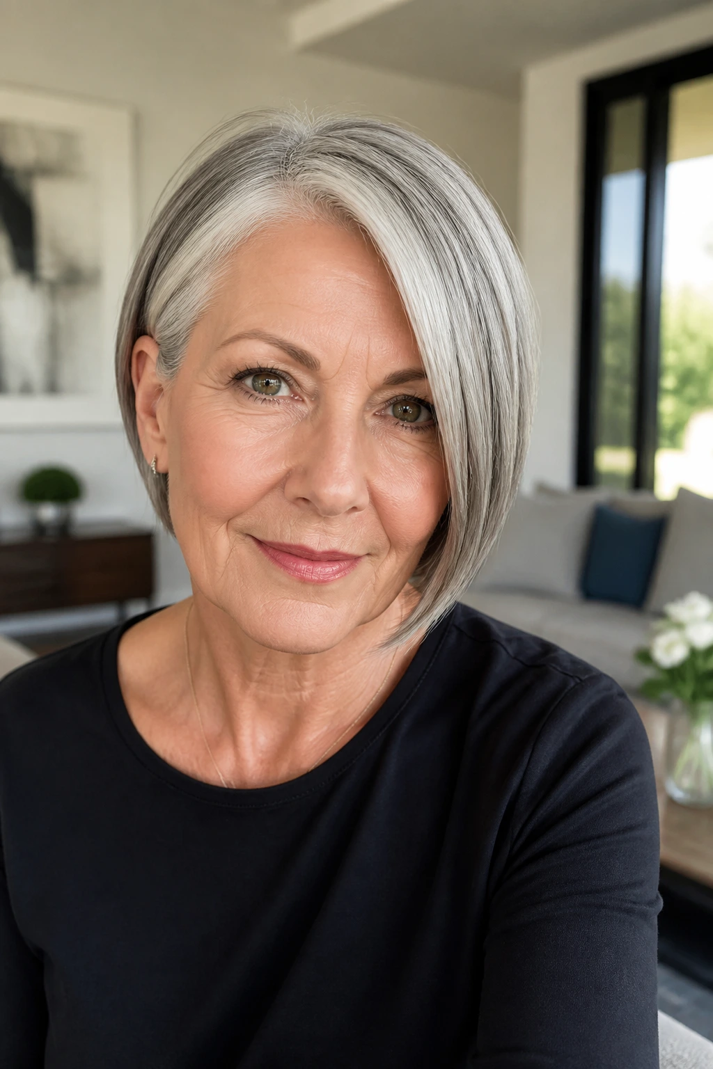 Portrait of a woman with an asymmetrical bob and side part.