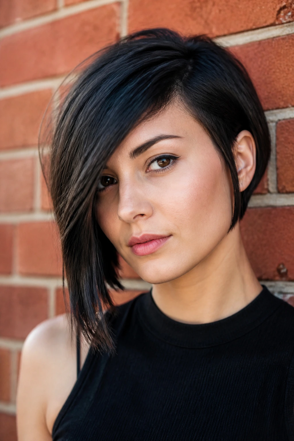 Close-up portrait of a real woman with an asymmetrical bob and side-swept edge