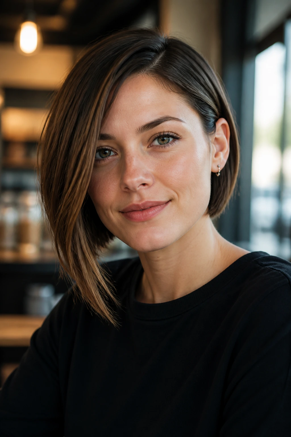 Close-up portrait showing asymmetrical bob silhouette