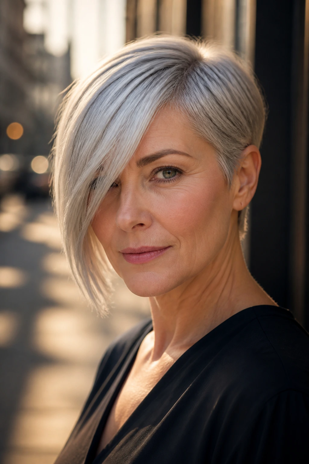 Close-up of a real woman with an asymmetrical bob and bright silver fringe in golden hour light