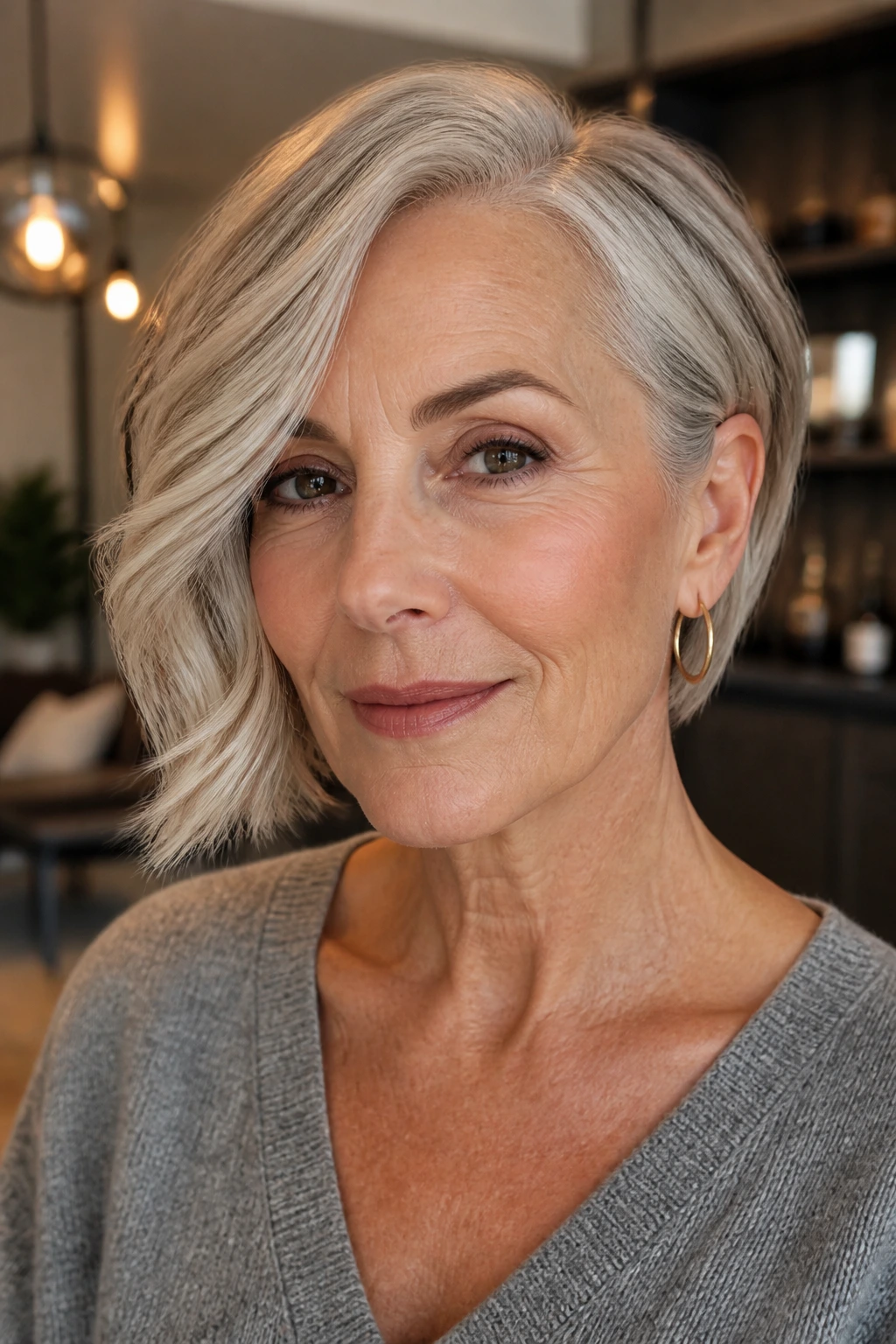 Close-up portrait of a real woman with an asymmetrical bob and soft bend