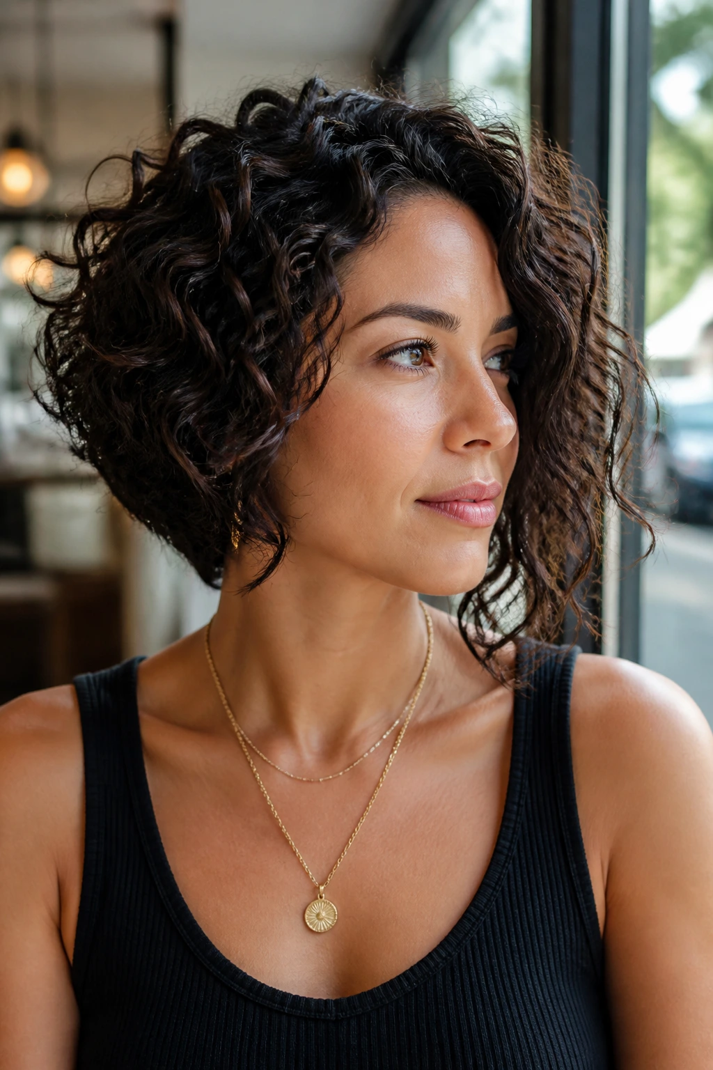 Portrait of a real woman with asymmetrical stacked bob and a long side in soft daylight