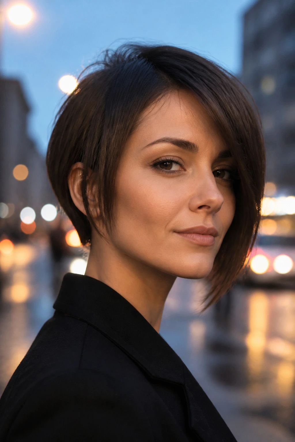 Close-up of a real woman wearing an asymmetrical bob that softens a strong jawline
