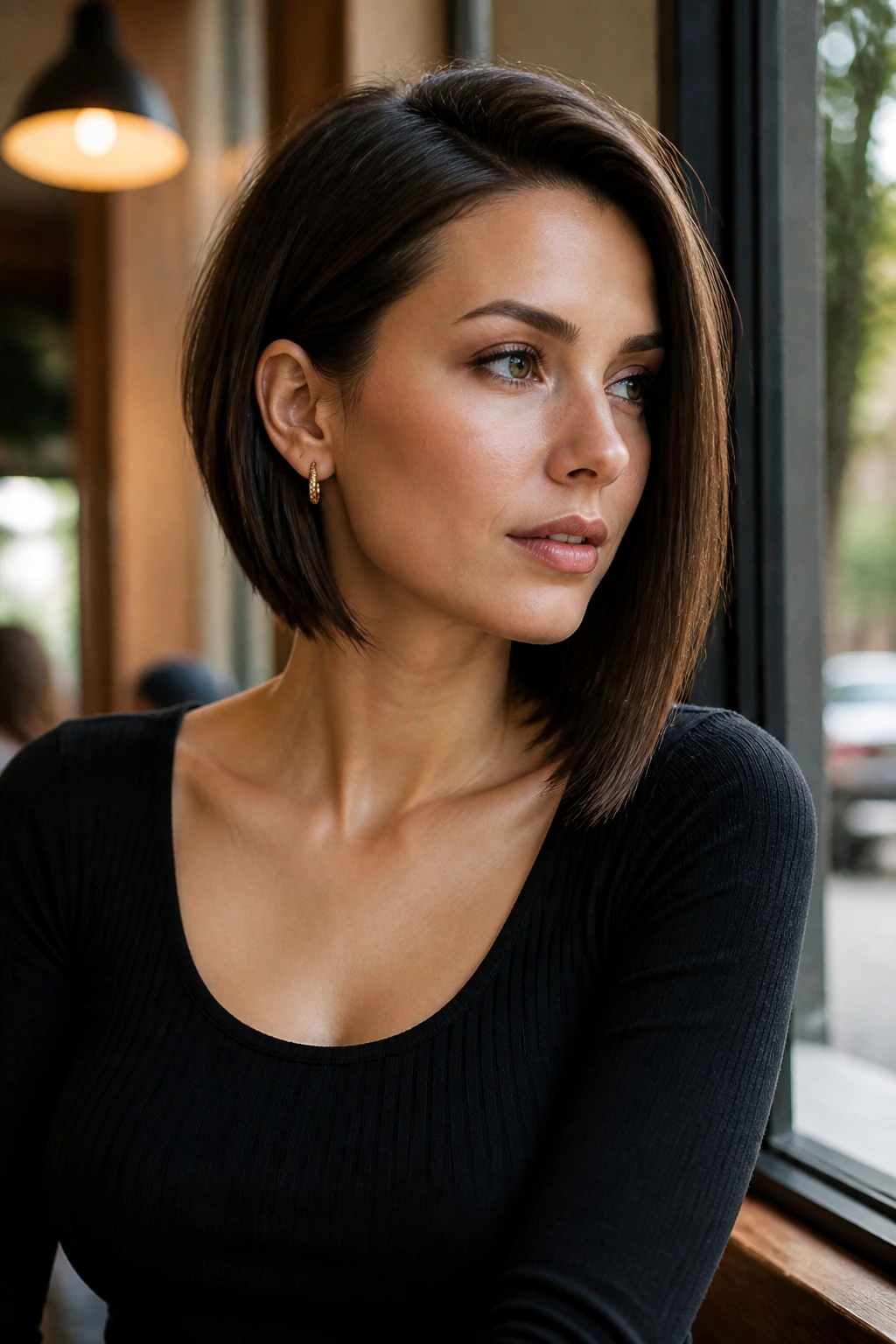 Portrait of a woman with an asymmetrical bob in a cafe setting.