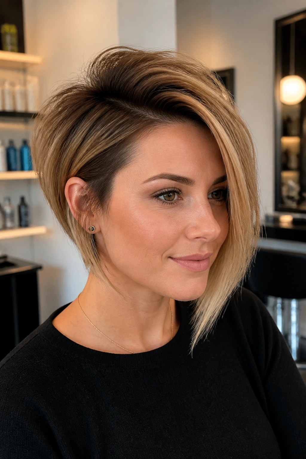 Close-up of a real woman showing lifted short side of asymmetrical bob for maintenance
