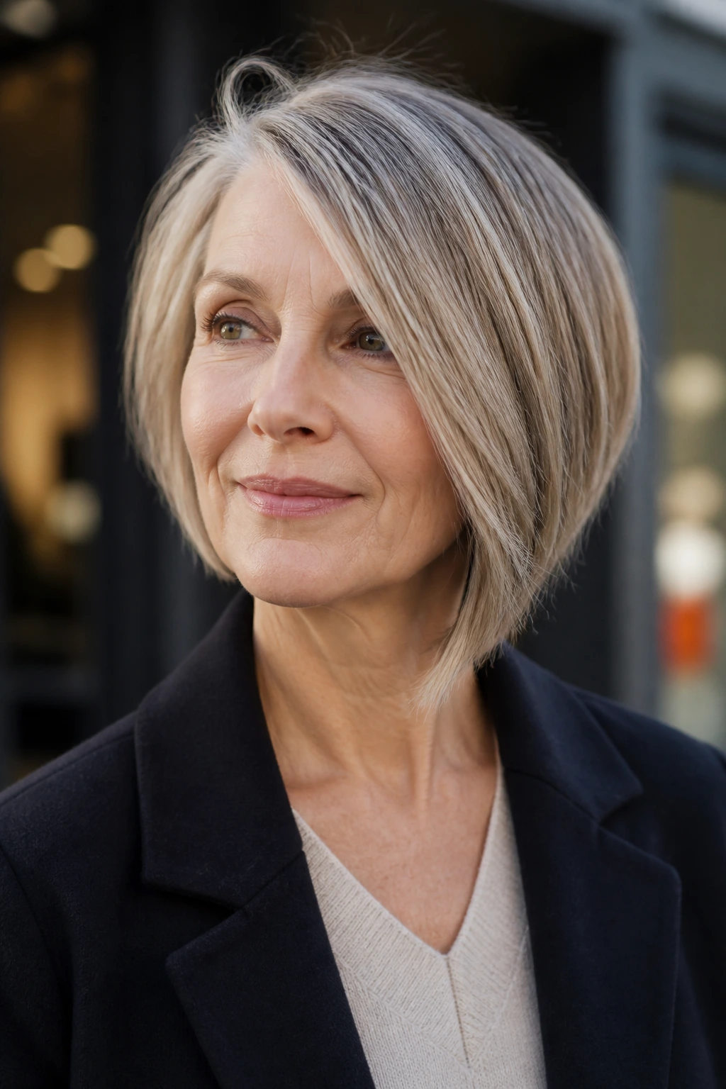 Real woman with an asymmetrical bob, one side longer, in an urban street setting.