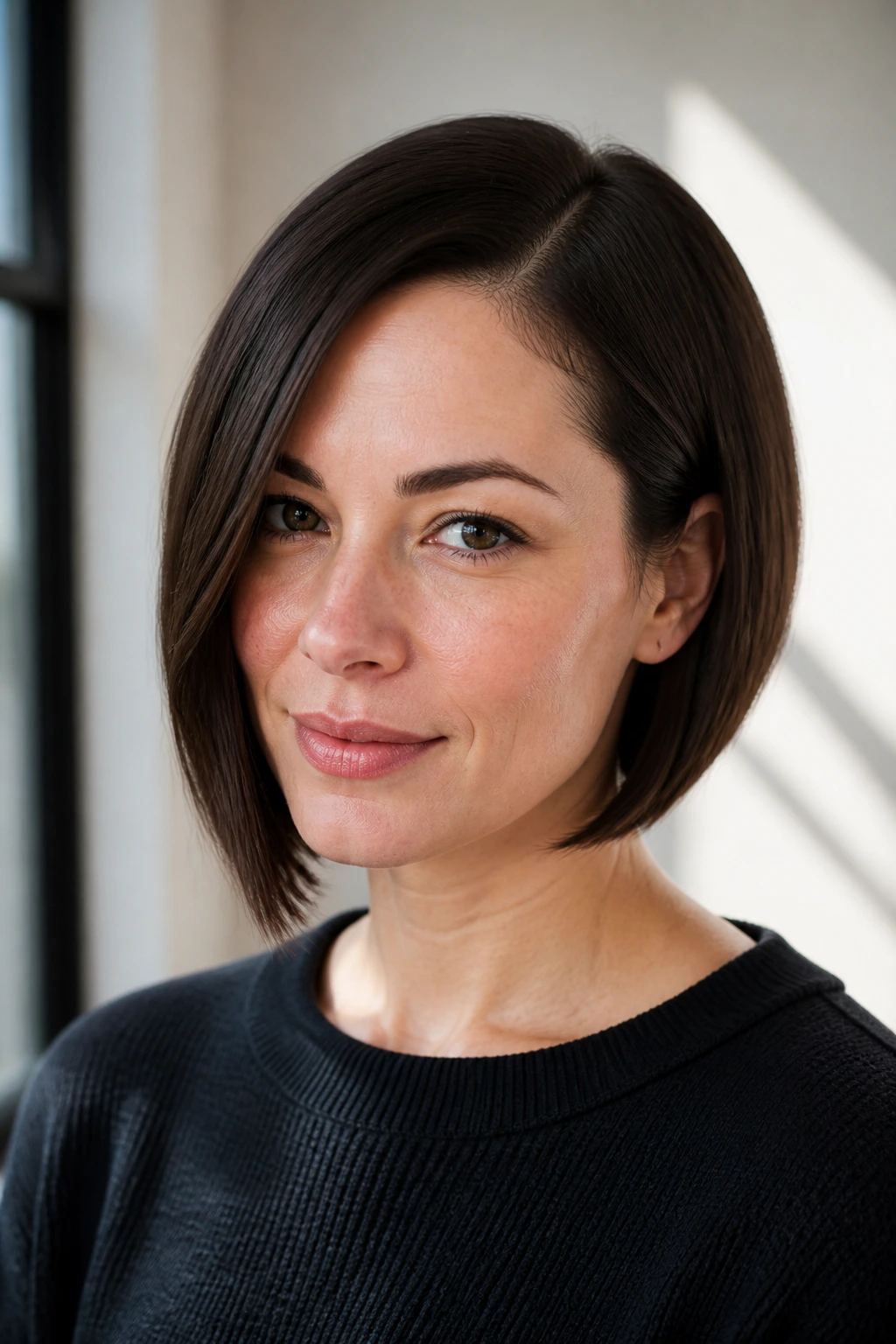 Real woman with subtle asymmetrical bob under natural light