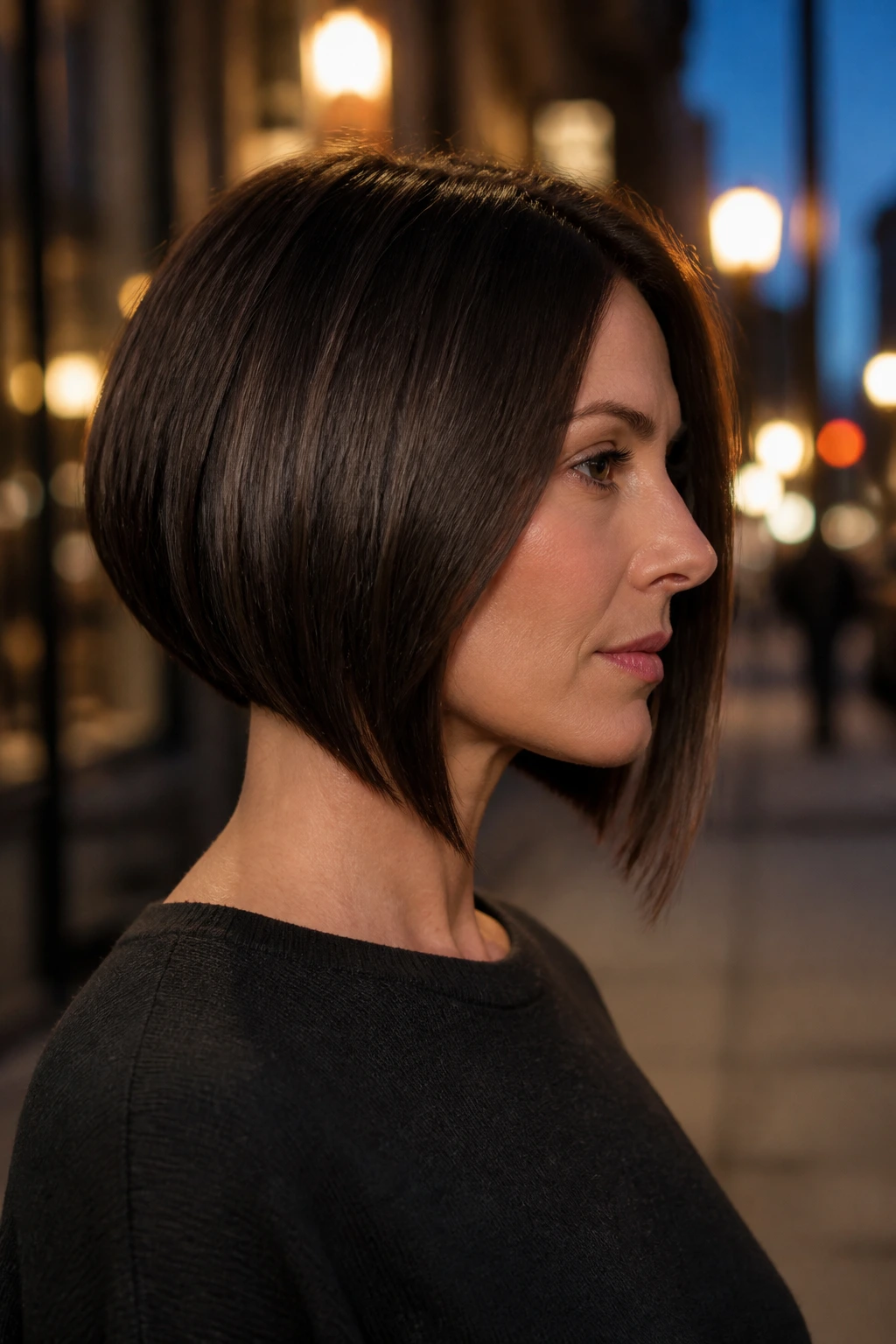 Portrait of real woman with subtle asymmetrical bob on a quiet city sidewalk