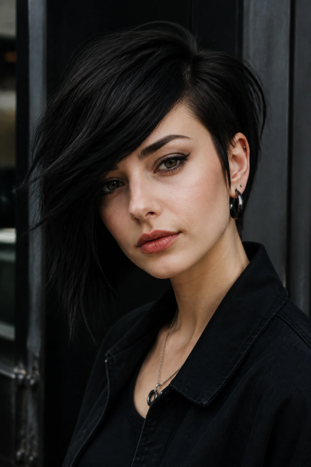 Close-up portrait of a real woman with an asymmetrical bob and heavy sweep