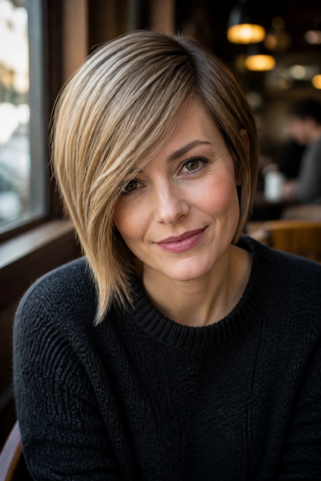 Real person with asymmetrical bob and sweeping fringe.