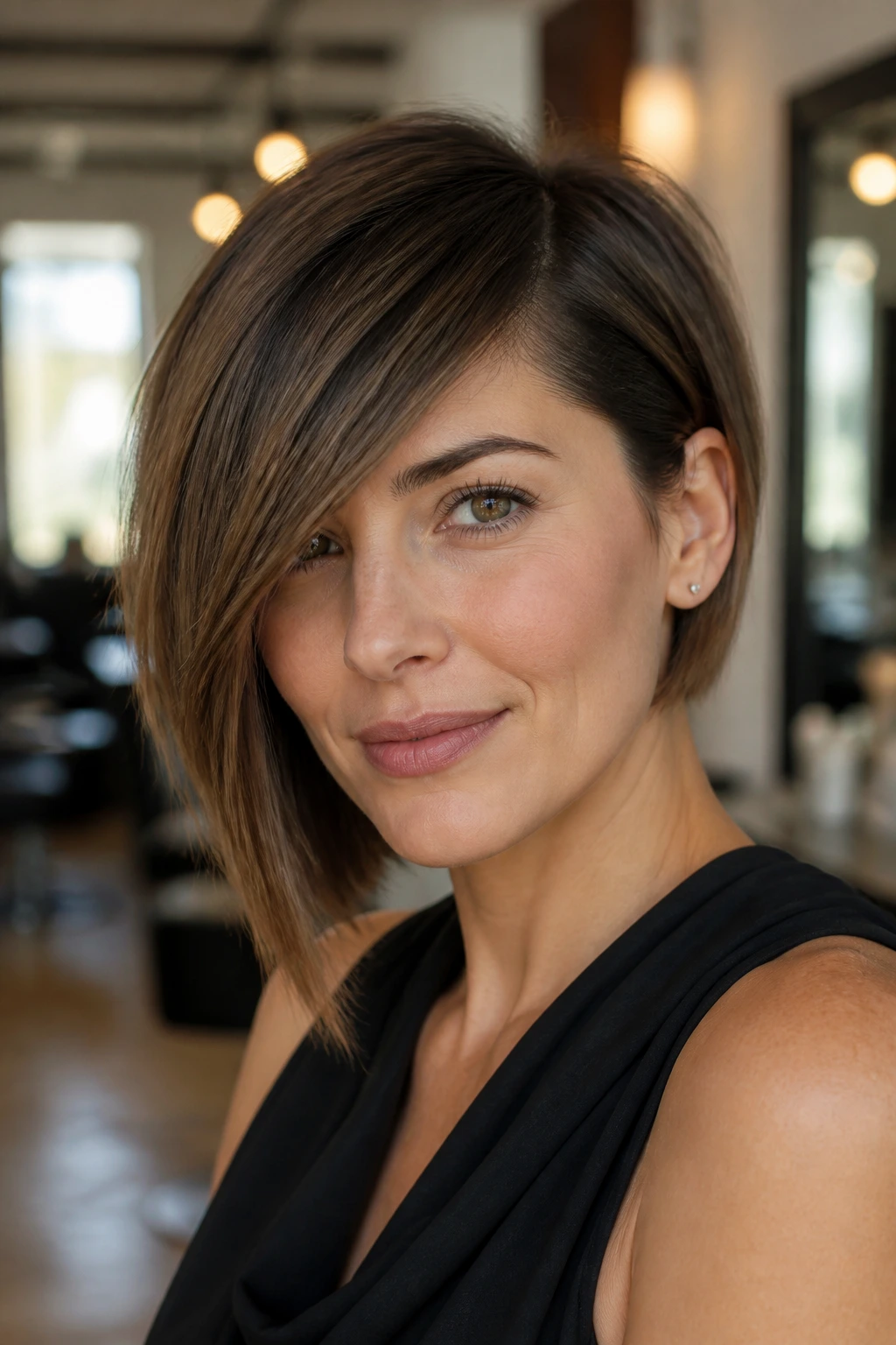 Close-up portrait of a real woman with an asymmetrical bob and swept fringe in a warm salon.