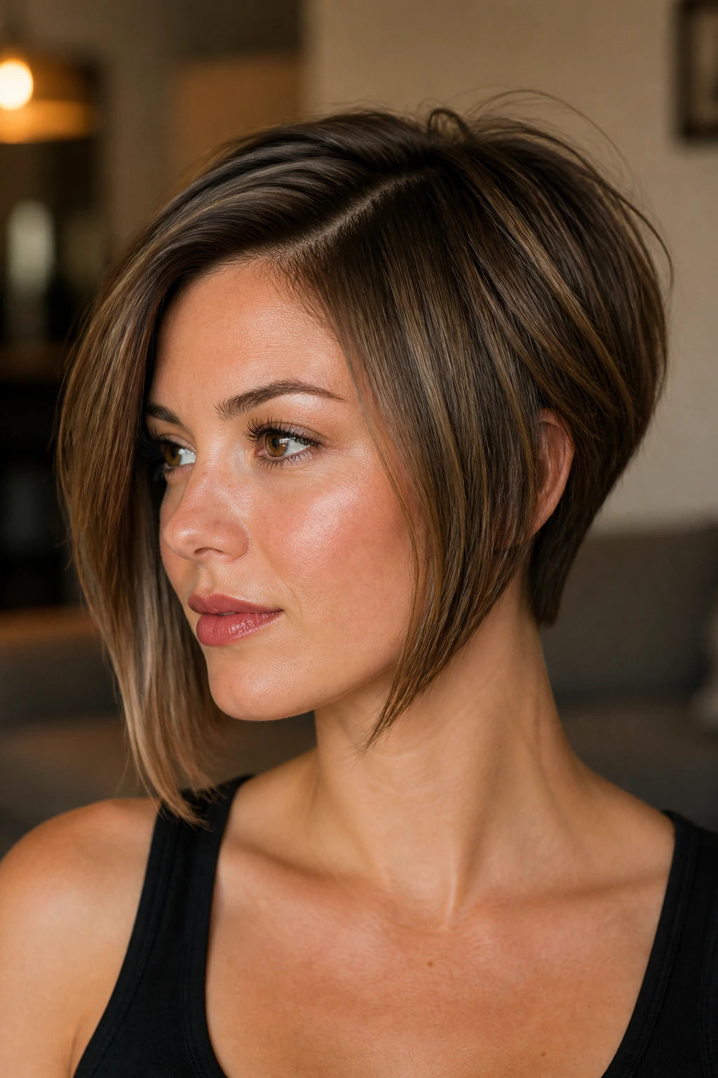 Portrait of a woman with an asymmetrical bob and tapered nape