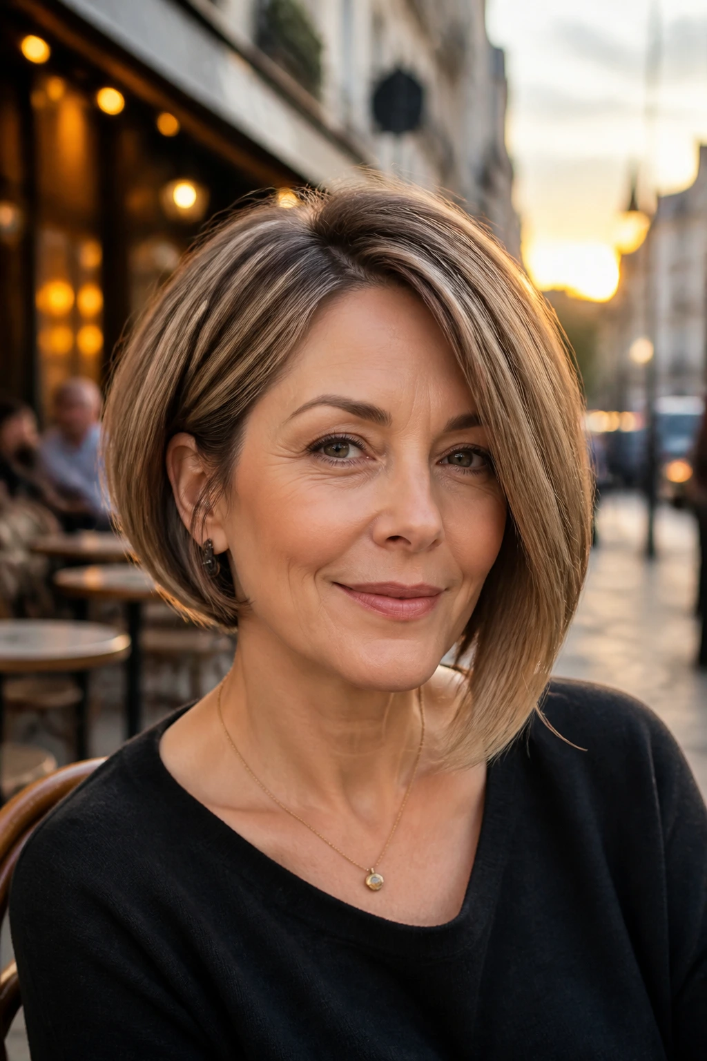 Close-up portrait of a real woman with an asymmetrical bob
