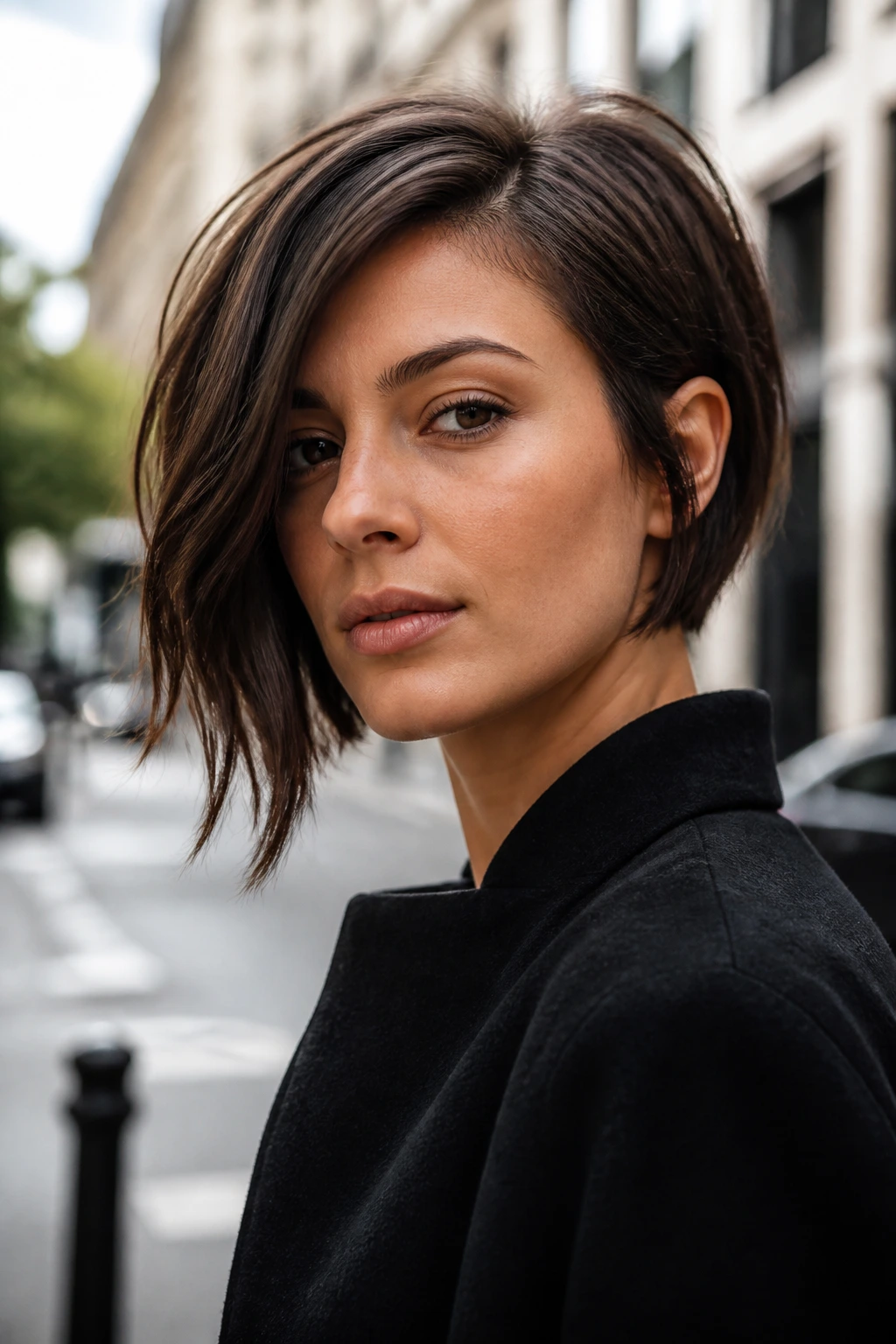 Portrait of a woman with an asymmetrical bob.